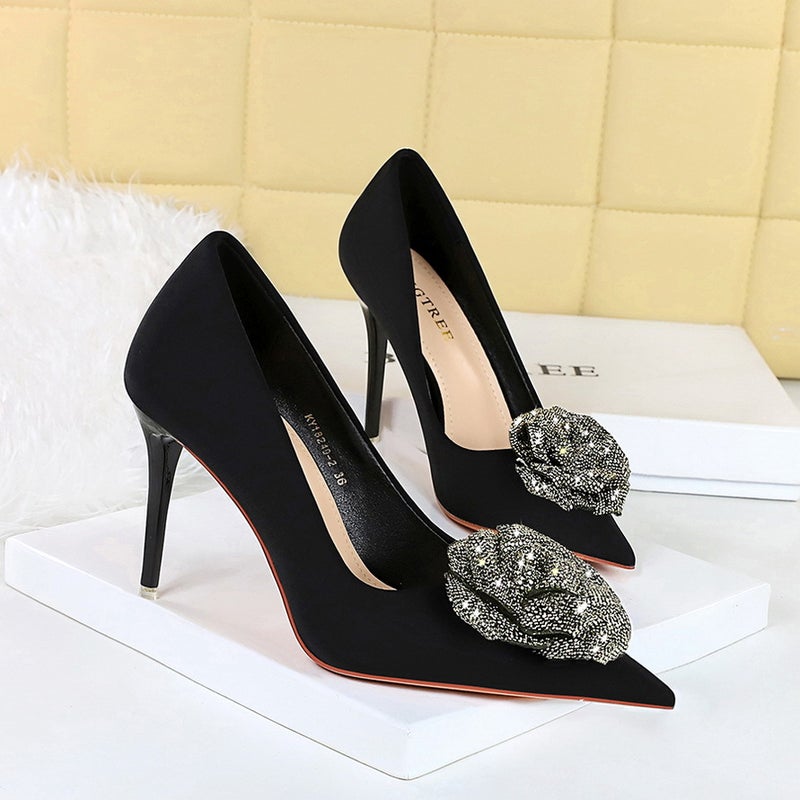 18249-H52 High Heels Women'S Shoes Stiletto Heel Super Heel Satin Shallow Mouth Pointed Rhinestone Rose Shoes - Image 4